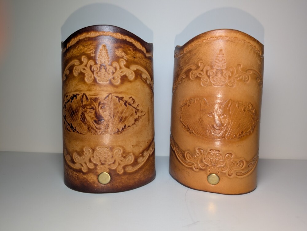 VTG Handmade Tooled Leather Wolf Drink Cozies For Cans Ren Fair Or Western Theme